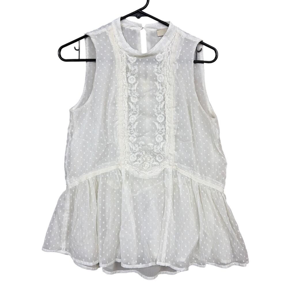 Ann Taylor LOFT Womens Blouse Ivory Popcorn Pleated Lined Lace Sleeveless Small